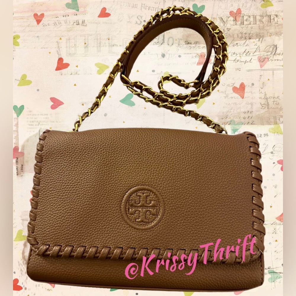 Tory Burch Leather Marion Whipstitch Crossbody Bag with Leather/Gold Chain Strap